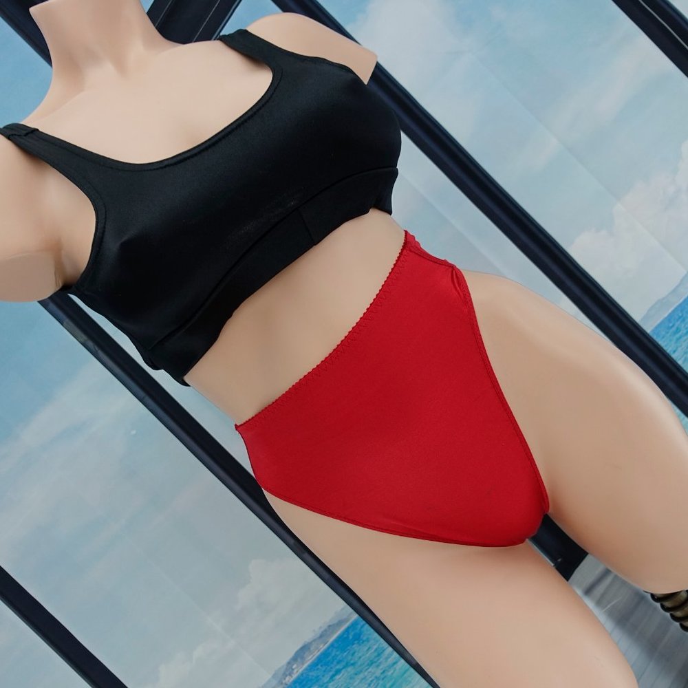 Red Satin Panties HIGH LEG Underwear VINTAGE Shiny Nylon Spandex Silky Sz Medium